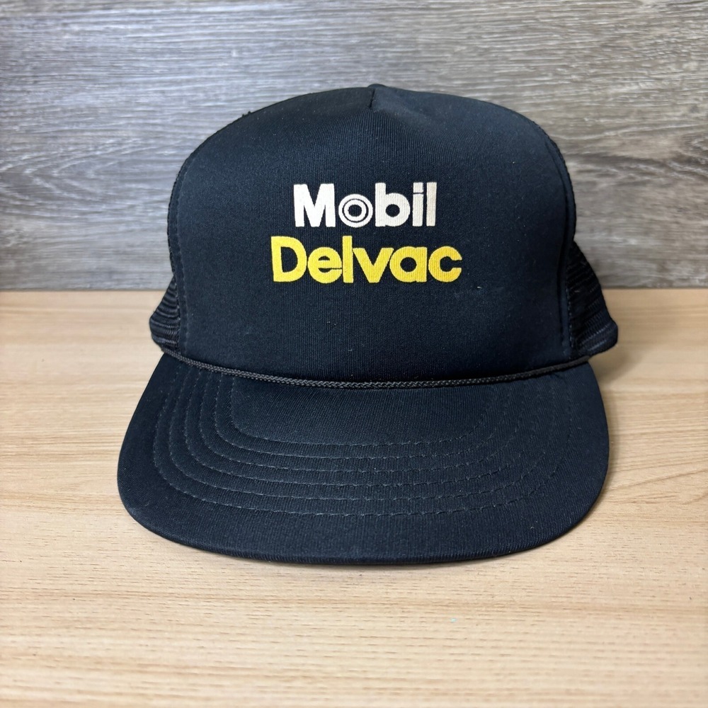 Vintage Mobil Delvac Hat Cap Snap Back Black Trucker Adjustable Mens